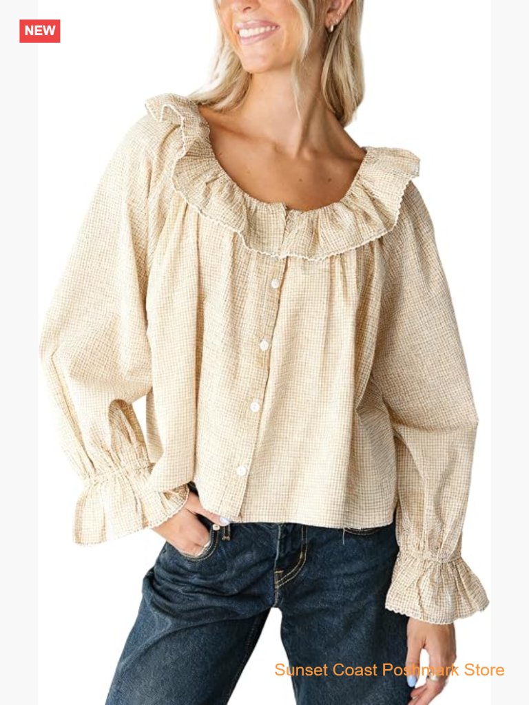 Gingham Blouse Long Sleeve Ruffle Button Down Plaid Shirt Casual Fall Tops